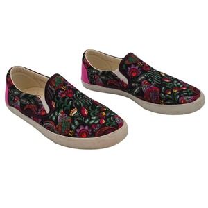 Inkkas Womens Floral Rooster Print Slip On Sneakers Black Pink Canvas Low Top